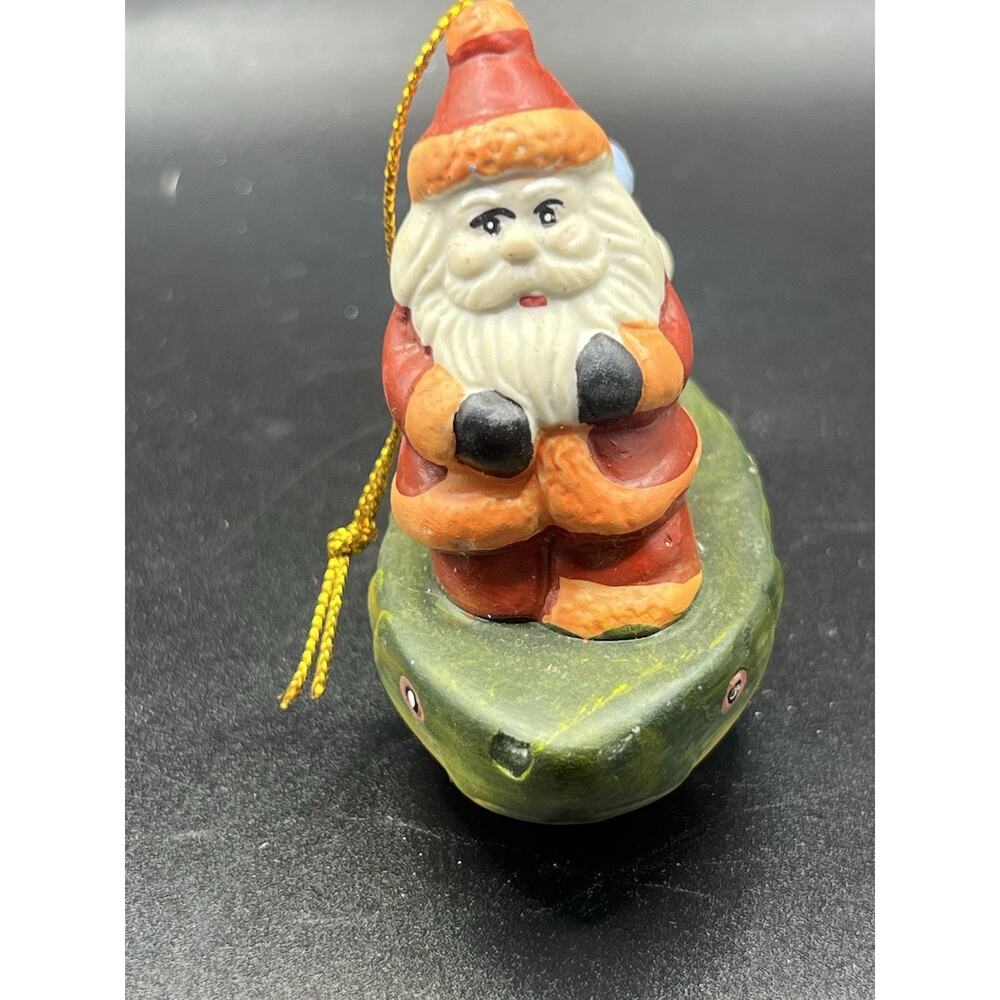 Vintage Santa On Fish Christmas Ornament‎ Ceramic Hand Painted Good Condition